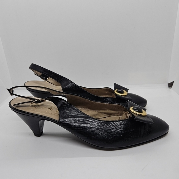 Bruno Magli vintage black leather slingback kitten heels with bow detail 7.5B - Picture 2 of 12